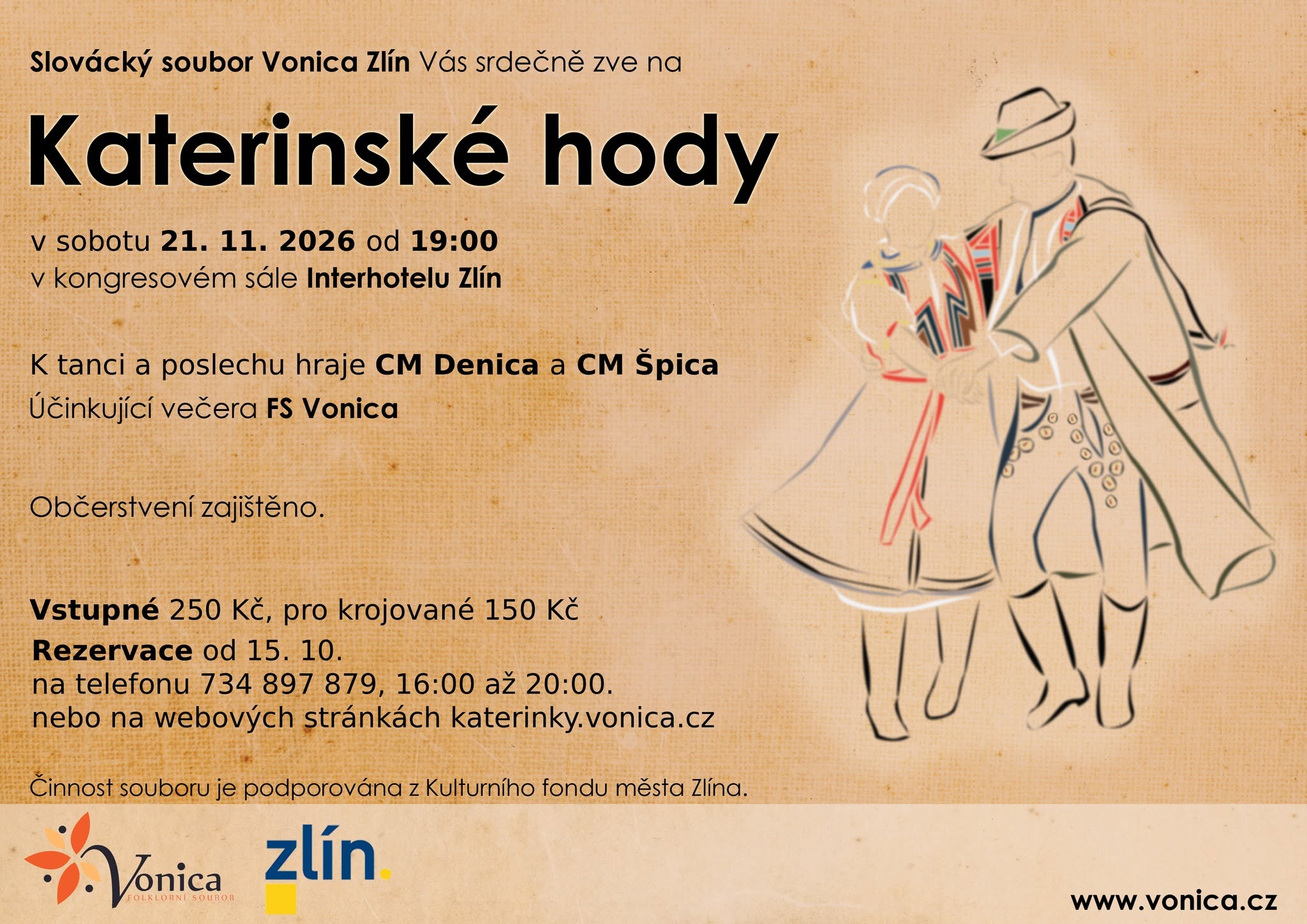 Plakát Katerinských hodů 2026 pořádaných souborem Vonica Zlín. Informace o akci jsou uvedeny v textu pod plakátem.